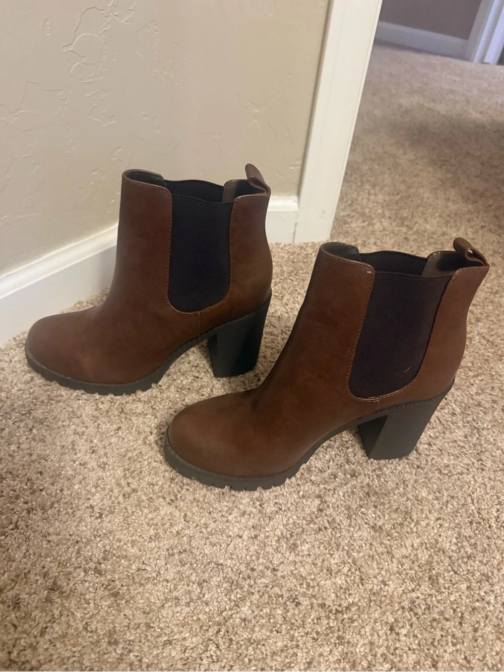 Soda Brown Chelsea Block Heel Ankle Booties